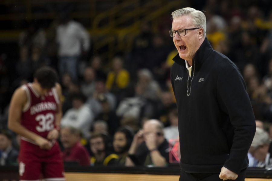 Iowa head coach during Fran McCaffery yells at his team during a mens basketball game between Iowa and Indiana at Carver-Hawkeye Arena in Iowa City on Thursday, Jan. 05, 2023. The Hawkeyes defeated the Hoosiers, 91-89.