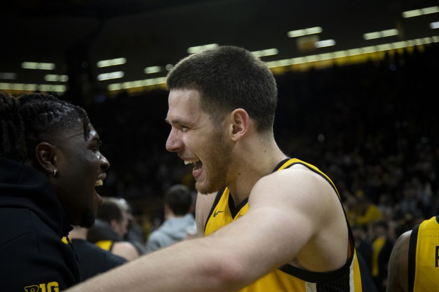 Iowa+forward+Filip+Rebraca+embraces+a+teammate+after+winning+a+mens+basketball+game+between+Iowa+and+Indiana+at+Carver-Hawkeye+Arena+in+Iowa+City+on+Thursday%2C+Jan.+05%2C+2023.+The+Hawkeyes+defeated+the+Hoosiers%2C+91-89.