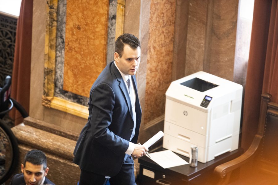 State Sen. Zach Wahls exits the house during the first day of the 90th Iowa legislative session at the Iowa State Capitol in Des Moines on Monday, Jan. 9, 2023. Last session, Reynolds introduced a bill, which did not pass, that would give 10,000 Iowa k-12 students a voucher to use at any nonpublic school in their area. Democrats opposed this policy in 2022, and Senate Minority Leader Wahls said he opposes the parental choice voucher bill because it will increase the teacher shortage and threaten public schools.