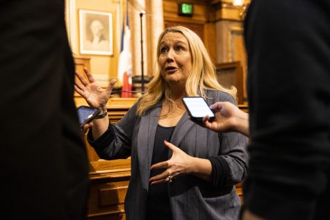 House minority leader Jennifer Konfrst, D-Polk, speaks with reporters after the 2023 Condition of the State at the Iowa State Capitol in Des Moines on Tuesday, Jan. 10, 2023.