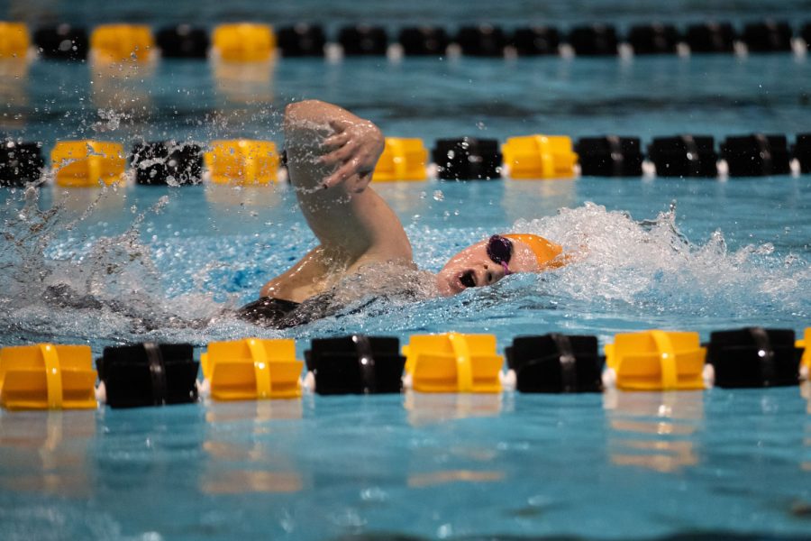 Illinois swimmer Liv Dorshorst takes a breath while swimming in the 1650 yard freestyle event during a swim and dive meet between Iowa and Illinois in Iowa City on Friday, Jan 13, 2023. The Fighting Illini won the duel meet against the Hawkeyes, 46-45.