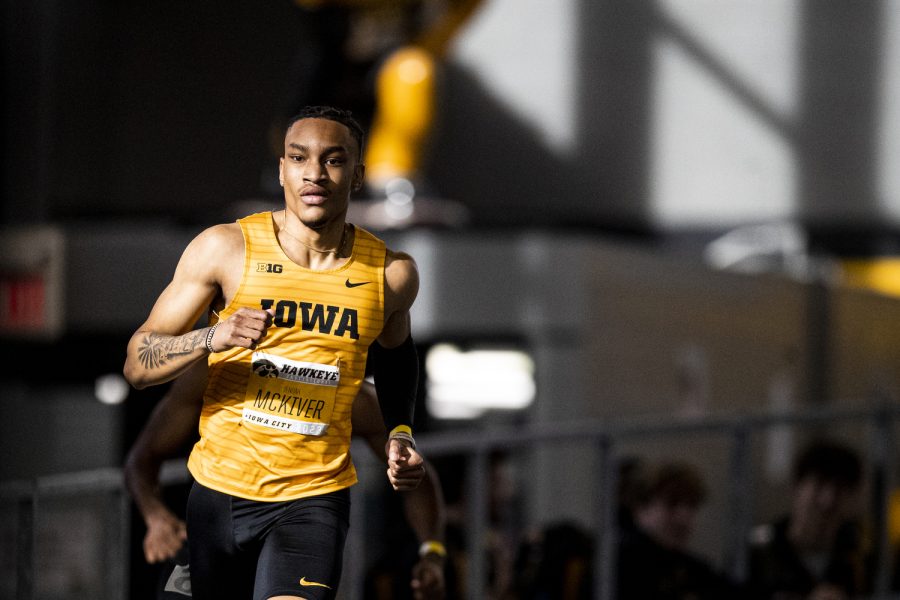 Iowa’s Jenoah Mckiver runs in the men’s 400-meter dash during the Hawkeye Invitational at the University of Iowa Recreation Building in Iowa City on Saturday, Jan. 14, 2023. Mckiver took first place for the Hawkeyes after running a 46.26 – a Hawkeye Invitational record. The Hawkeye Invitational hosted Ball State, Bradley, Indian Hills, Iowa, Iowa Central, Missouri, Northern Iowa, Western Illinois, Wis.-River Falls, and unattached individuals.
