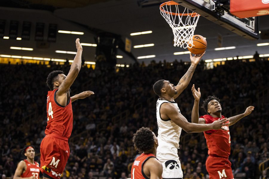 Iowa guard Tony Perkins takes a shot during a men’s basketball game between Iowa and Maryland at Carver-Hawkeye Arena in Iowa City on Sunday, Jan. 15, 2023. The Hawkeyes defeated the Terrapins, 81-67.
