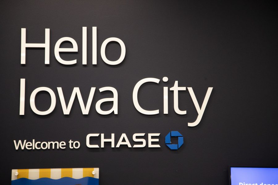 “Hello Iowa City” is seen on the inside of the downtown Iowa City Chase Bank during a ribbon cutting ceremony at Wednesday, Jan. 17, 2023. (Matt Sindt/The Daily Iowan)