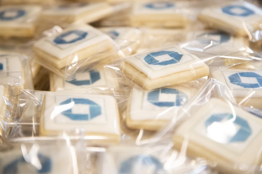 Cookies with the Chase Bank logo are seen during a ribbon cutting ceremony at Chase Bank in downtown Iowa City Wednesday, Jan. 17, 2023. (Matt Sindt/The Daily Iowan)