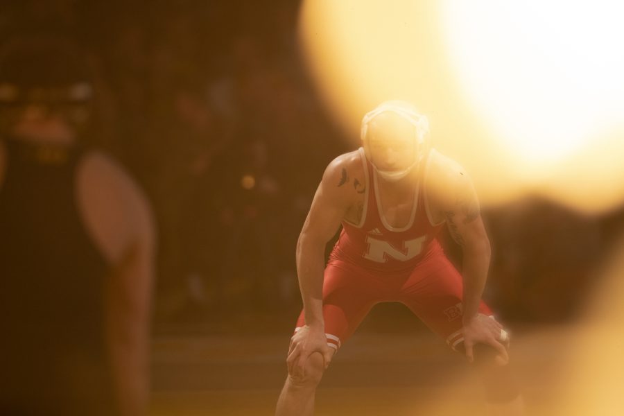 Nebraska’s 149-pound Dayne Morton prepares to face Iowa’s No. 11 Max Murin during a wrestling meet between No. 2 Iowa and No. 11 Nebraska in Carver-Hawkeye Arena on Friday Jan. 20, 2023. Murin pinned Morton in 3:47. The Hawkeyes defeated the Cornhuskers, 34-6.
