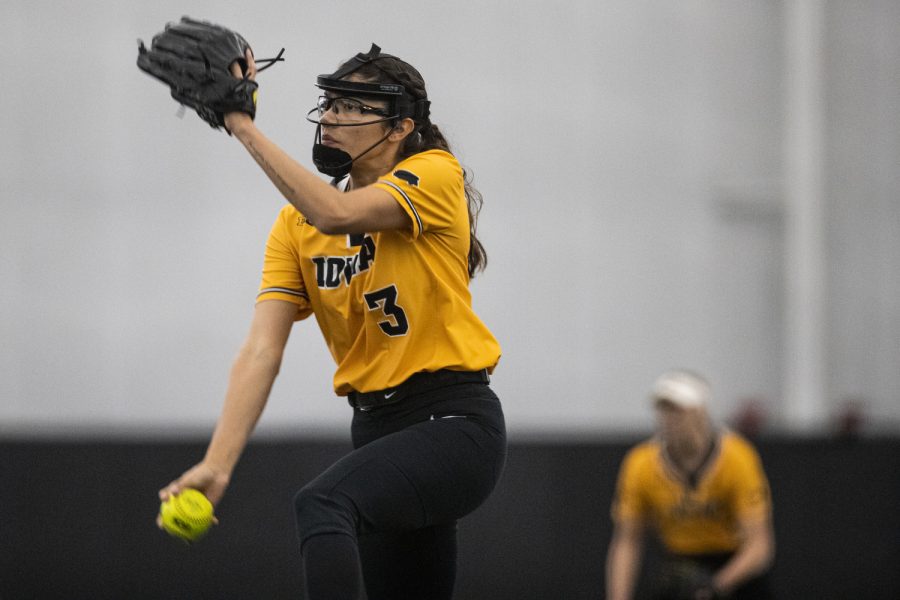 Iowa pitcher Breanna Vasquez throws a pitch while scrimmaging during Iowa Softball Media Day at the Hawkeye Tennis and Recreation Complex in Iowa City on Thursday, Jan. 26, 2023. The Hawkeyes begin the regular season on Friday, Feb. 10, at the Flordia Atlantic University Paradise Classic.