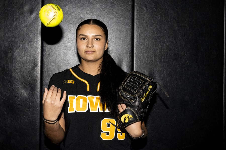 Iowa pitcher Katherine Serna poses for a portrait during Iowa Softball Media Day at the Hawkeye Tennis and Recreation Complex in Iowa City on Thursday, Jan. 26, 2023. The Hawkeyes begin the regular season on Friday, Feb. 10, at the Flordia Atlantic University Paradise Classic.