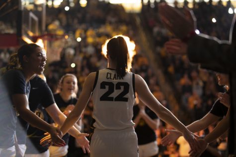 Iowa guard Caitlin Clark is introduced before a women’s basketball game between No. 10 Iowa and Nebraska at Carver-Hawkeye Arena in Iowa City on Saturday, Jan. 23, 2022. The Hawkeyes defeated the Huskers, 80-76. (Matt Sindt/The Daily Iowan)