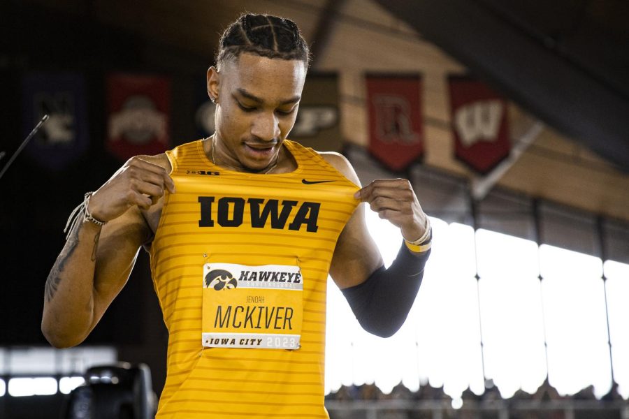 Iowa%E2%80%99s+Jenoah+Mckiver+shows+off+his+uniform+after+running+the+men%E2%80%99s+400-meter+at+the+Hawkeye+Invitational+at+the+Recreation+Building+in+Iowa+City+on+Saturday%2C+Jan.+14%2C+2023.+McKiver+ran+a+46.26+to+take+first+place.+