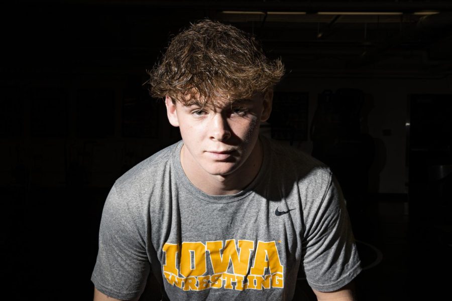 Iowa’s 141-pound Cade Siebrecht poses for a portrait during Iowa Wrestling Media Day in the Dan Gable Wrestling Complex at Carver-Hawkeye Arena in Iowa City on Thursday, Oct. 27, 2022.