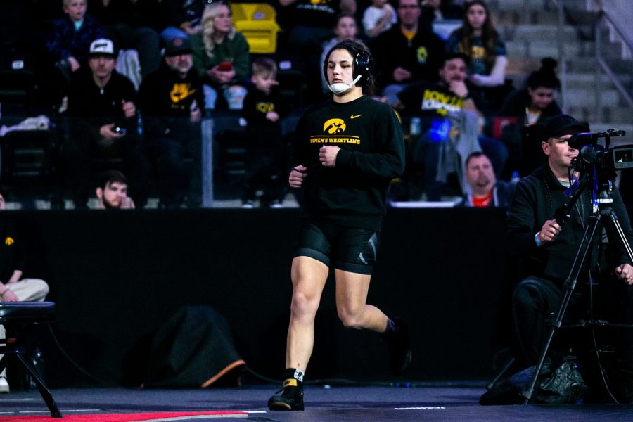Bella Mir is introduced before wrestling at 155 pounds in the finals during the Soldier Salute college wrestling tournament, Friday, Dec. 30, 2022, at Xtream Arena in Coralville, Iowa.