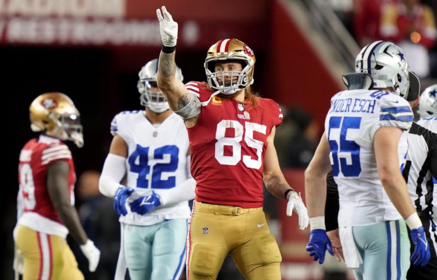 Jan 22, 2023; Santa Clara, California, USA; San Francisco 49ers tight end George Kittle (85) celebrates after a play during the fourth quarter of a NFC divisional round game against the Dallas Cowboys at Levis Stadium.