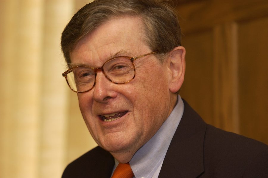 Former University of Iowa President Sandy Boyd talks during a press conference on June 6, 2002, to name him as Board of Regents President, Owen J. Newlin's nominee for interim president.