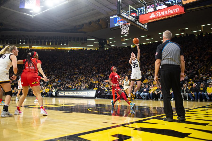 Iowa guard Caitlin Clark shoots a layup during a women’s basketball game between Iowa and Maryland at Carver Hawkeye Arena in Iowa City on Thursday, February 2, 2023. The Hawkeyes defeated the Terrapins, 96-82. 