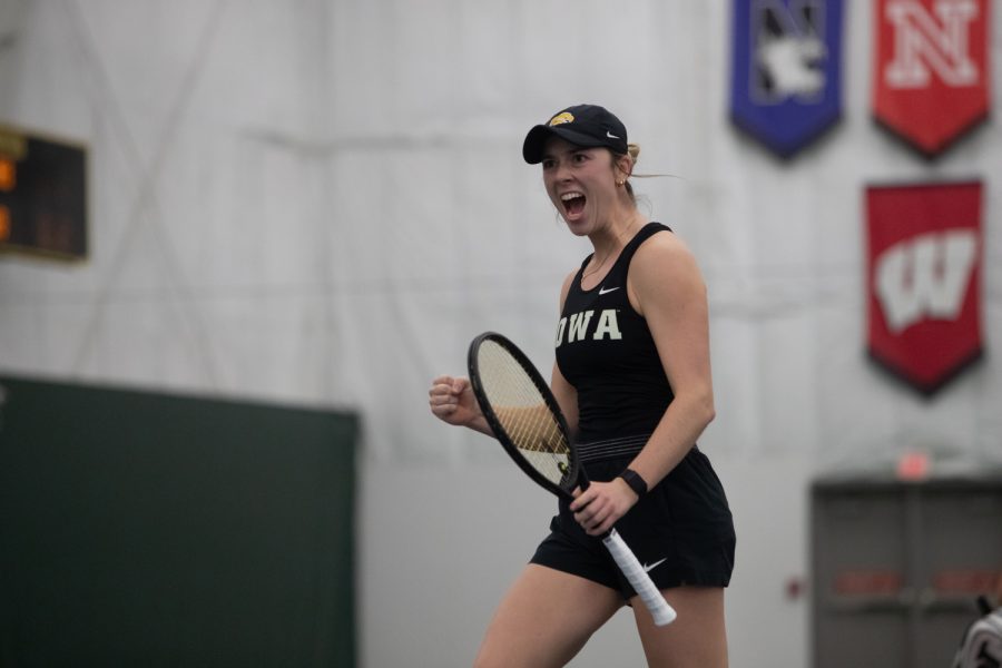 Iowa’s Samantha Mannix celebrates during a women’s tennis meet at the Hawkeye Tennis & Recreational Comple on Sunday, Feb. 5, 2023. The Hawkeyes defeated the Wildcats, 4,1.