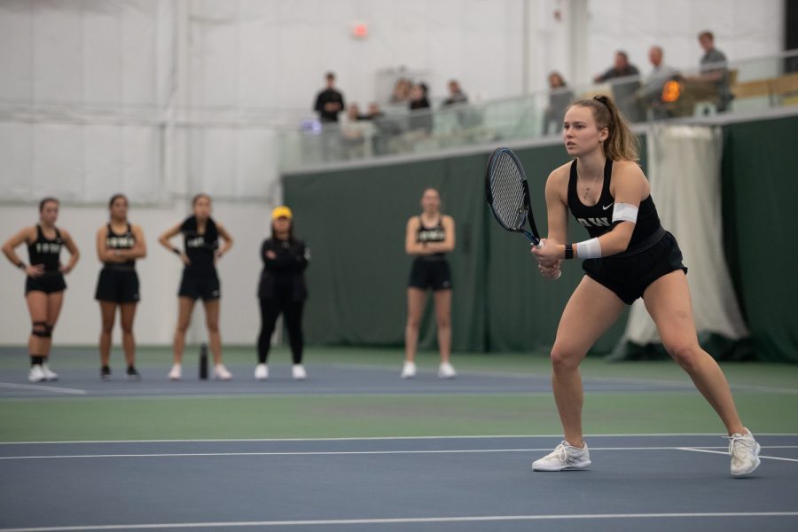 Iowa’s Pia Kranholdt stands ready during a women’s tennis meet at the Hawkeye Tennis and Recreational Complex on Sunday, Feb. 5, 2023. The Hawkeyes defeated the Wildcats, 4,1.