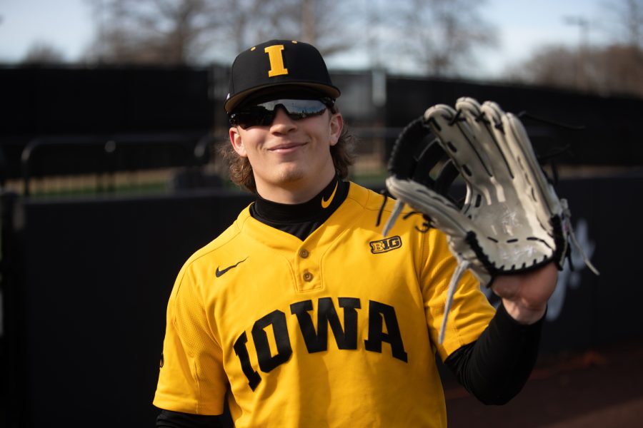 Iowa mens baseball Outfielder Coy Sarsfield smiles during the Iowa menÕs baseball media day at Duane Banks Baseball Stadium in Iowa City on February 8, 2023. With many new players on the field, head coach Rick Heller has his sights on Omaha.