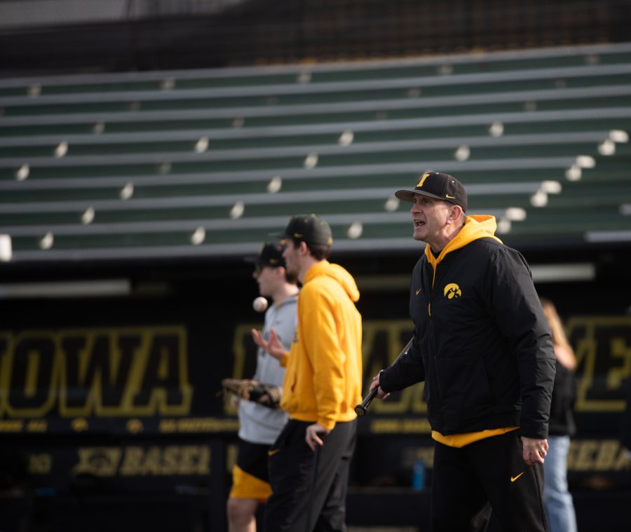 The head coach Rick Heller yells during the Iowa mens baseball media day at Duane Banks Baseball Stadium in Iowa City on February 8, 2023. With many new players on the field, head coach Rick Heller has his sights on Omaha.
