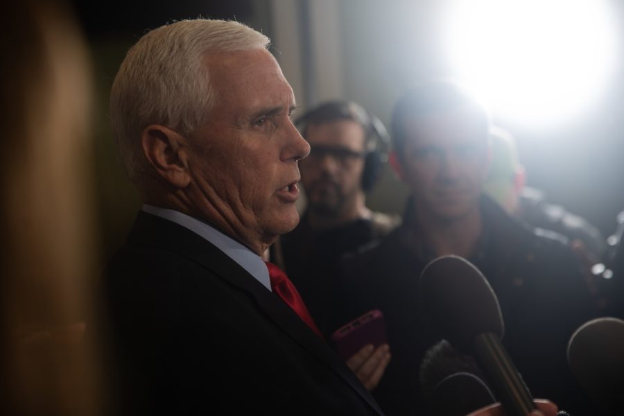 Former U.S. Vice President Mike Pence speaks ato the press during the Parents Rights Grassroots Rally hosted by Advancing American Freedom at Pizza Ranch in Cedar Rapids, Iowa on February 15, 2023. 