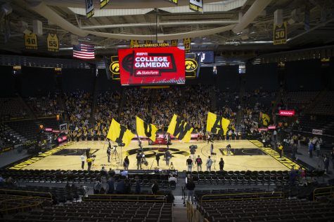 Fans cheer during ESPN College GameDay before a basketball game between No.9 Iowa and No. 2 Indiana at Carver-Hawkeye Arena in Iowa City on Sunday, Feb. 26, 2023.