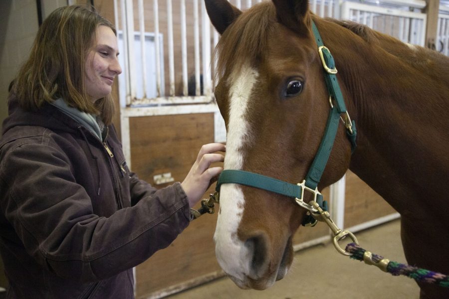 University of Iowa student Katie Pribyl pets her horse Milo at the 7A Ranch in Oxford, Iowa, on Feb. 18, 2023.