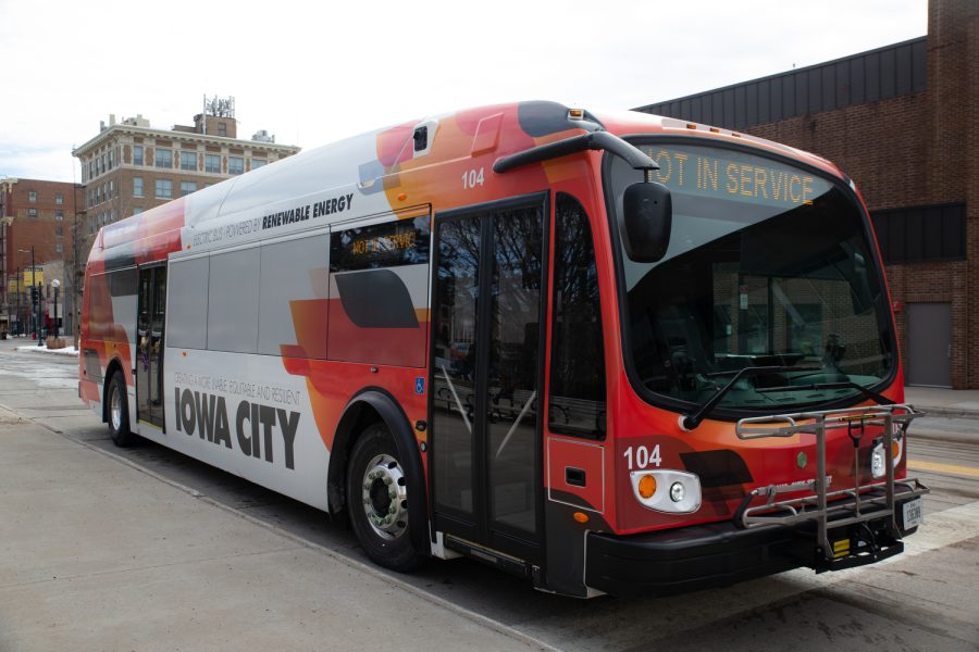 A+Proterra+ZX5+electric+bus+operated+by+Iowa+City+Transit+is+seen+at+a+downtown+interchange+in+Iowa+City+on+Feb.+21%2C+2023.