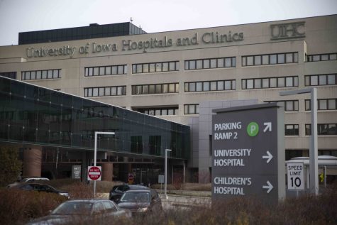 The University of Iowa Hospitals and Clinics main building is seen in Iowa City on Feb. 21, 2023.
