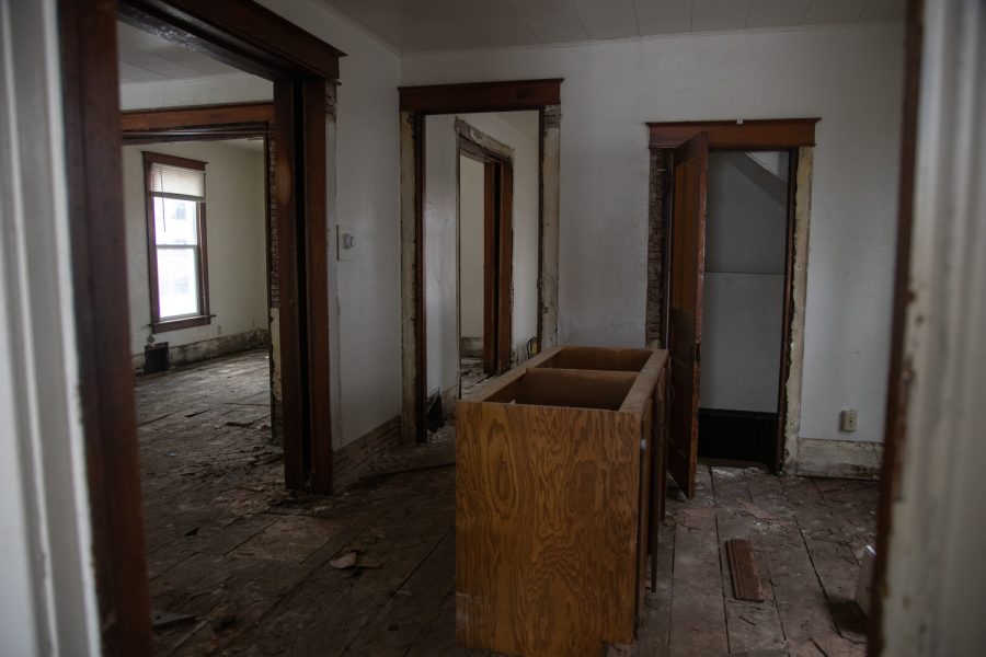 The interior of a Johnson County-owned property, 520 Capitol Street, which was intended for low-income housing but will be demolished in coming weeks, is seen on Thursday Feb. 23, 2023. The Iowa City Friends of Historic Preservation will remove salvageable parts before the house is demolished.