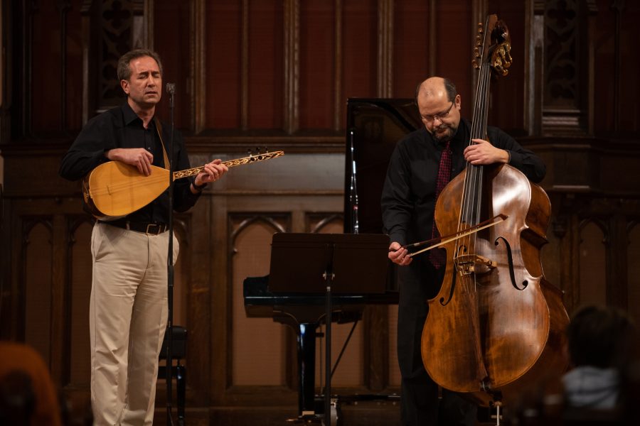 Bahri Karacay (left) and Volkan Orhon (right) perform at the  Congregational United Church of Christ in Iowa City for an Earthquake Benefit Concert for Turkey and Syria on Saturday Feb 25, 2023. The Benefit was put on by Orhon, a University of Iowa Professor.