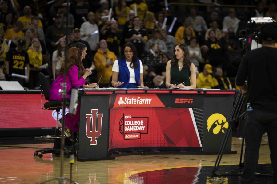 ESPN College GameDay analysts speak before a basketball game between No.9 Iowa and No. 2 Indiana at Carver-Hawkeye Arena in Iowa City on Sunday, Feb. 26, 2023.