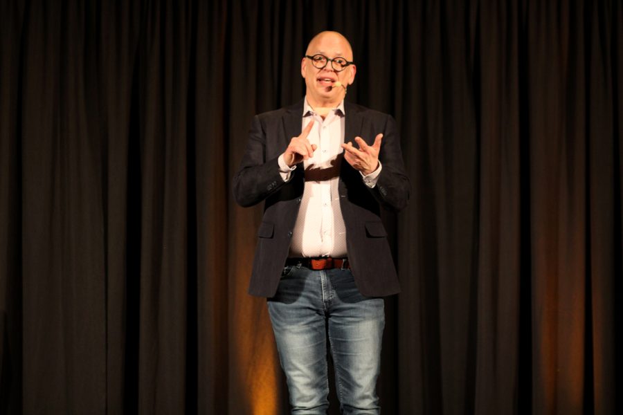 American civil rights activist Jim Obergefell delivers a speech at the Iowa Memorial Union in Iowa City, Iowa on Tuesday, Feb. 28th.