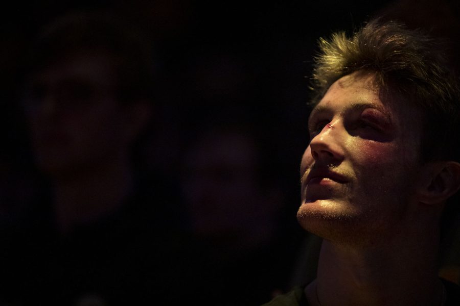 No. 6 nationally ranked 149-pound Iowa’s Max Murin looks at the scoreboard during a wrestling dual between No. 2 Iowa and No. 9 Michigan at Carver-Hawkeye Arena on Friday, Feb. 10, 2023. The Hawkeyes defeated the Wolverines 33-8.