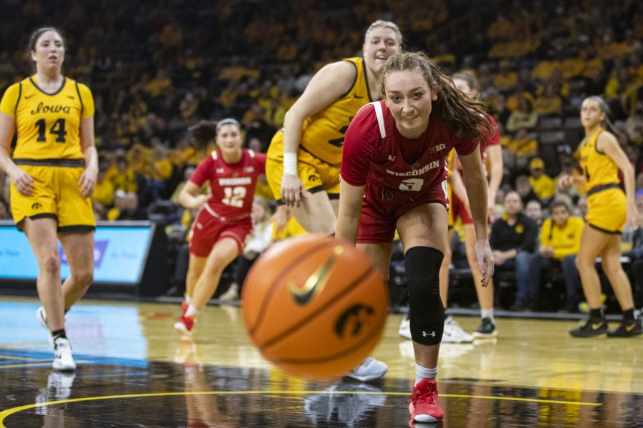Wisconsin guard Brooke Schramek chases after the ball during a women’s basketball game between No. 7 Iowa and Wisconsin at Carver-Hawkeye Arena on Wednesday, Feb. 15, 2023. Schramek played for 30 minutes. The Hawkeyes defeated the Badgers, 91-61.