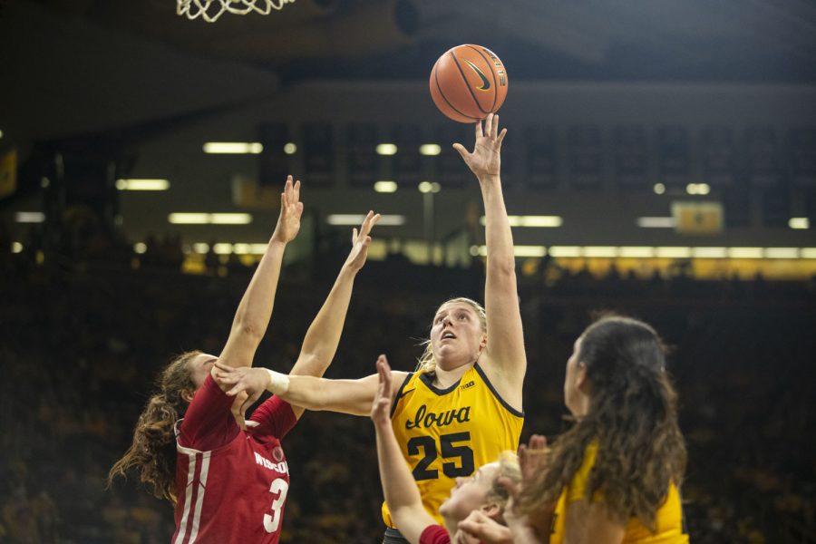 Iowa center Monika Czinano goes in for a layup during a women’s basketball game between No. 7 Iowa and Wisconsin at Carver-Hawkeye Arena on Wednesday, Feb. 15, 2023. Czinano scored 19 points. The Hawkeyes defeated the Badgers, 91-61. 