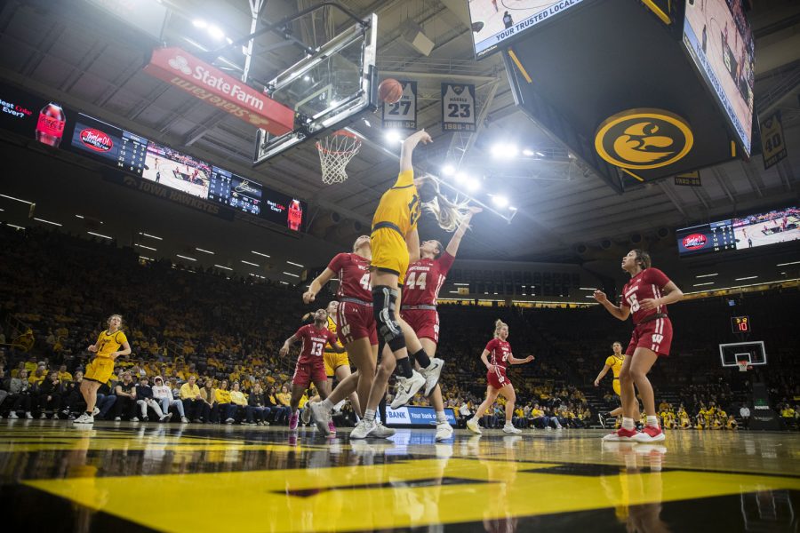 Iowa+forward+Shateah+Wetering+goes+in+for+a+layup+during+a+women%E2%80%99s+basketball+game+between+No.+7+Iowa+and+Wisconsin+at+Carver-Hawkeye+Arena+on+Wednesday%2C+Feb.+15%2C+2023.+Wetering+played+for+six+minutes.+The+Hawkeyes+defeated+the+Badgers%2C+91-61.+