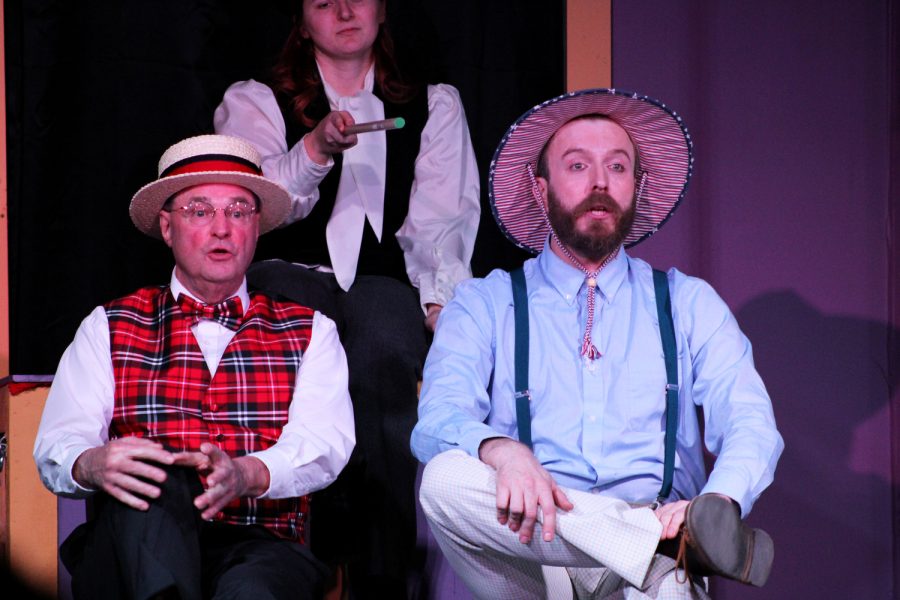 Actors Bryan Lawler (left) and Marty Reichert (right) perform Never Say No in the opening night of The Fantasticks at Willow Creek Theater in Iowa City on Friday, Feb. 10, 2023.