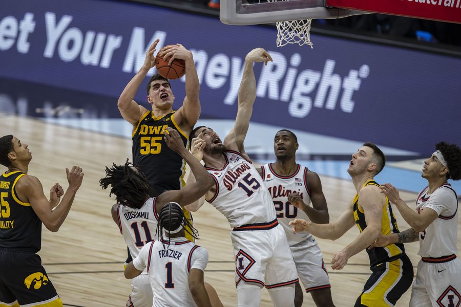 Iowa center Luka Garza catches a rebound and then drops it during the Big Ten mens basketball tournament semifinals against Illinois on Saturday, March 13, 2021 at Lucas Oil Stadium in Indianapolis. The Hawkeyes were defeated by the Fighting Illini, 82-71.