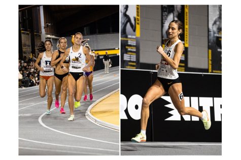 Left: Iowa’s Grace Bookin-Nosbisch leads her heat of the women’s 800-meter premier during the Larry Wieczorek Invitational at the Iowa Indoor Track Facility in Iowa City on Saturday, Jan. 21, 2023. Nosbisch won her heat and finished third overall with a time of 2:10.82. Right: Iowa’s Alli Bookin-Nosbisch competes in the women’s 800-meter during the Larry Wieczorek Invitational at the Iowa Indoor Track Facility in Iowa City on Saturday, Jan. 21, 2023. Bookin-Nosbisch placed seventh with a time of 2:06.59.