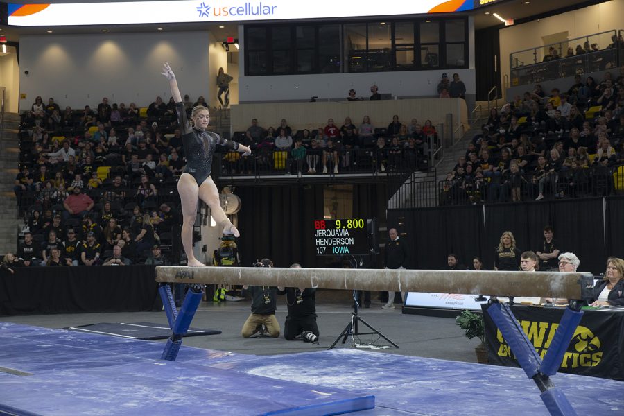 Allison+Zuhlke+competes+on+beam+during+a+gymnastics+meet+between+No.+17+Iowa+and+No.+12+Michigan+State+at+the+Xtream+Arena+on+Saturday%2C+Feb.+11%2C+2022.+Zuhlke+scored+9.050+in+this+event.+The+Hawkeyes+defeated+the+Spartans+196.150-195.725.