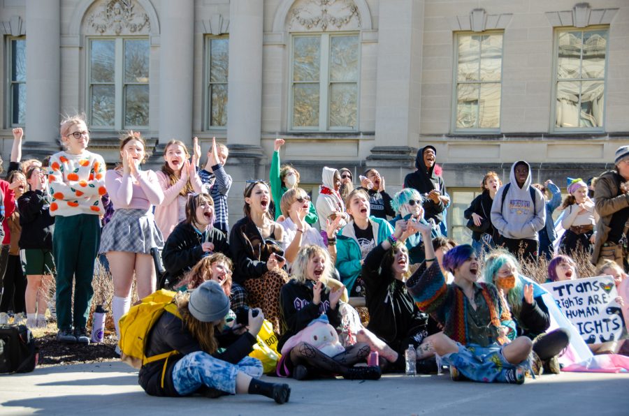 Student protestors cheer in support of speakers in front of the Old Capital, Mar. 1, 2023.