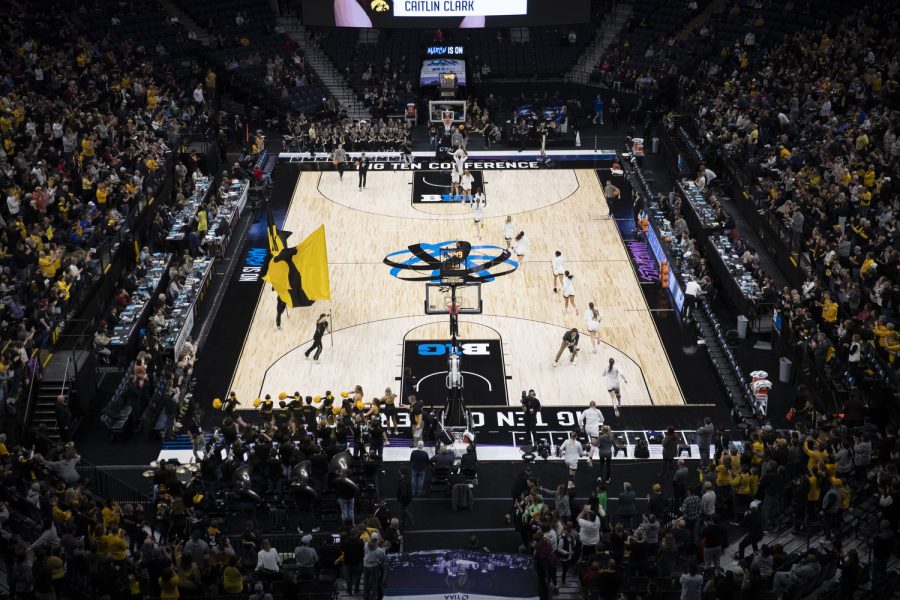 Iowa players take the court before a women’s basketball game between No. 7 Iowa and Purdue at Target Center in Minneapolis on Friday, March 3, 2023. The Hawkeyes defeated the Boilermakers, 69-58.