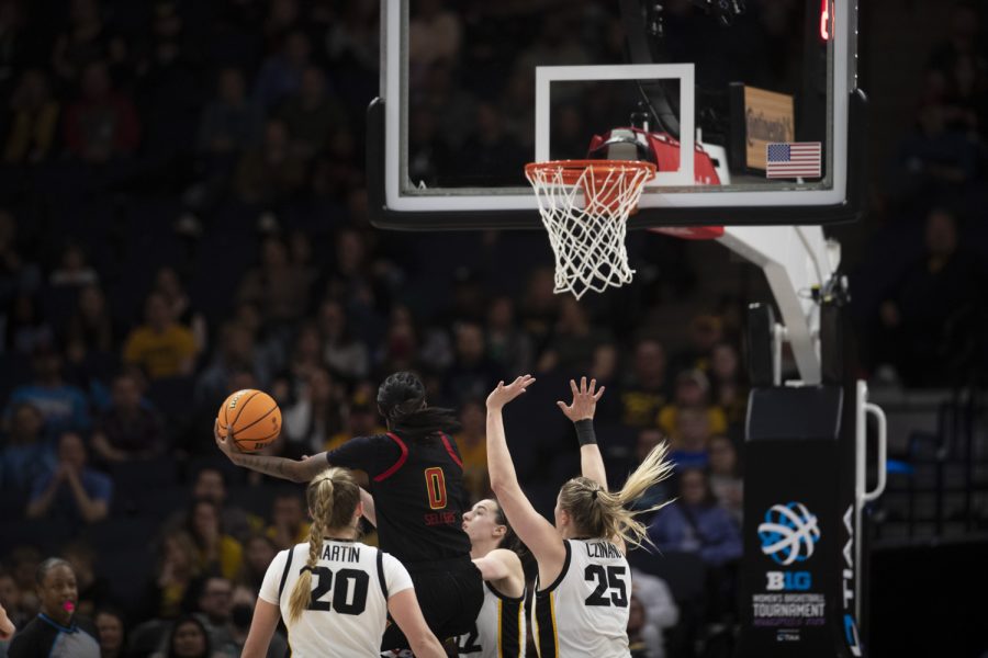 Maryland guard Shyanne Sellers jumps to score during a women’s basketball game between No. 7 Iowa and No. 5 Maryland at Target Center in Minneapolis on Saturday, March 4, 2023. The Hawkeyes defeated the Terrapins, 89-84. Sellers scored 10 points and had 8 assists.