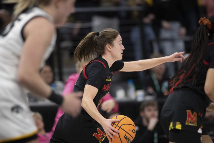 Maryland guard Abby Meyers runs the ball down court while calling out to teammates during a women’s basketball game between No. 7 Iowa and No. 5 Maryland at Target Center in Minneapolis on Saturday, March 4, 2023. The Hawkeyes defeated the Terrapins, 89-84. Meyers scored 21 points.