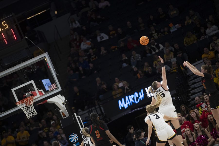 Maryland guard Abby Meyers shoots the ball during a women’s basketball game between No. 7 Iowa and No. 5 Maryland at Target Center in Minneapolis on Saturday, March 4, 2023. The Hawkeyes defeated the Terrapins, 89-84. Meyers scored 21 points.