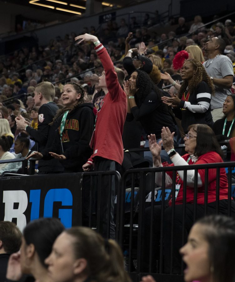 Maryland fans react during a women’s basketball game between No. 7 Iowa and No. 5 Maryland at Target Center in Minneapolis on Saturday, March 4, 2023. The Hawkeyes defeated the Terrapins, 89-84.