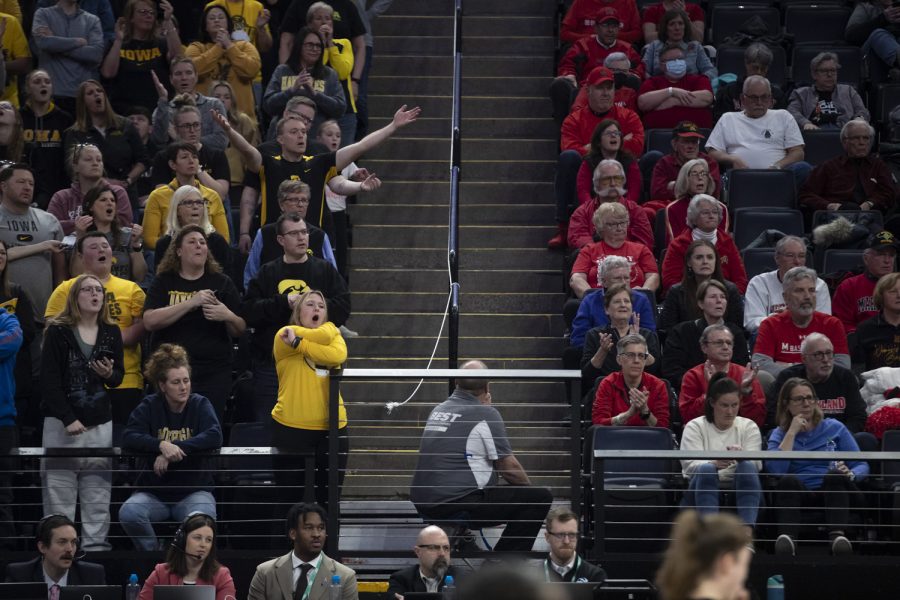 Fans react during a women’s basketball game between No. 7 Iowa and No. 5 Maryland at Target Center in Minneapolis on Saturday, March 4, 2023. The Hawkeyes defeated the Terrapins, 89-84.