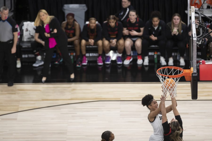 Iowa forward Hannah Stuelke goes for a layup during a women’s basketball game between No. 7 Iowa and No. 5 Maryland at Target Center in Minneapolis on Saturday, March 4, 2023. The Hawkeyes defeated the Terrapins, 89-84.