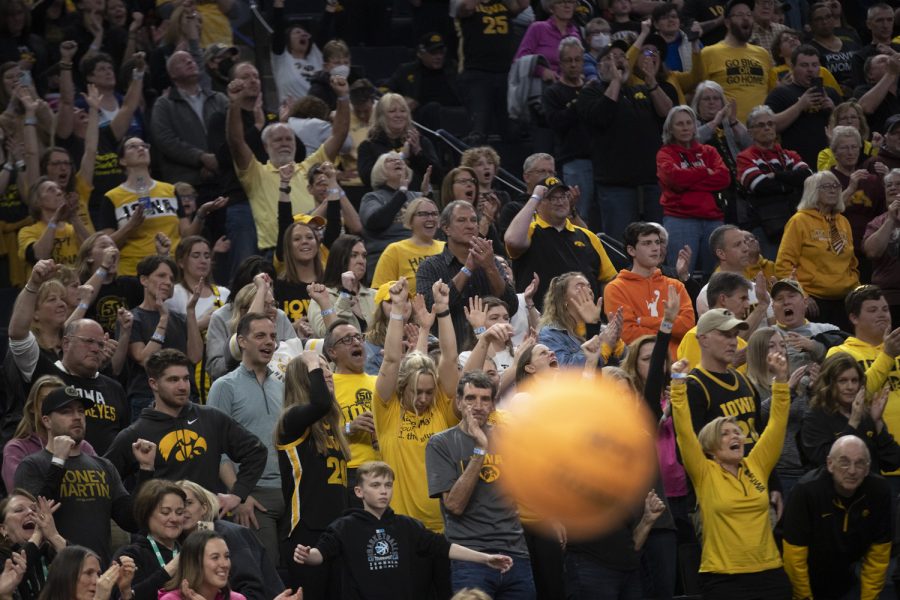 Fans react to a free-throw securing victory during a women’s basketball game between No. 7 Iowa and No. 5 Maryland at Target Center in Minneapolis on Saturday, March 4, 2023. The Hawkeyes defeated the Terrapins, 89-84.