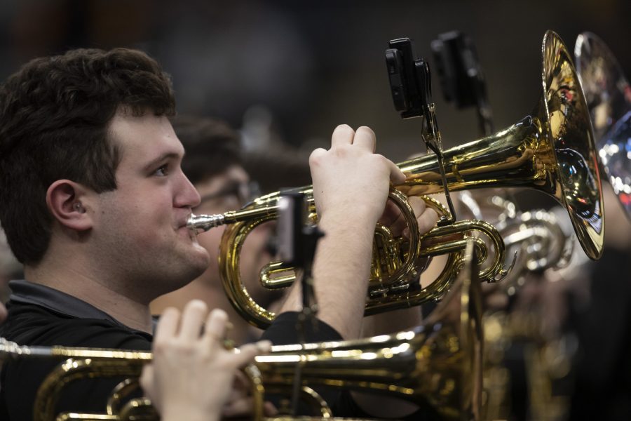 The Iowa Pep Band plays during a women’s basketball game between No. 7 Iowa and No. 5 Maryland at Target Center in Minneapolis on Saturday, March 4, 2023. The Hawkeyes defeated the Terrapins, 89-84.